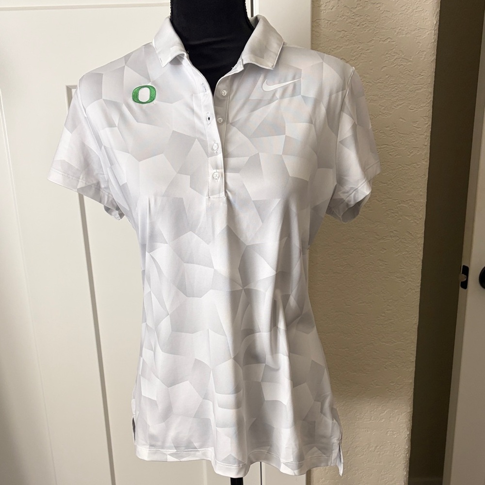 Nike Golf Women’s White Geometric Dri-Fit Polo with Green Oregon logo